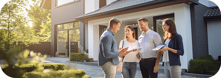 People talking outside a house